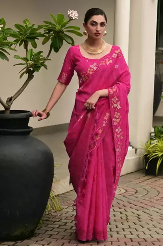 Pink soft jute linen silk zari woven saree with blouse