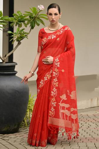 Red soft jute linen silk zari woven saree with blouse