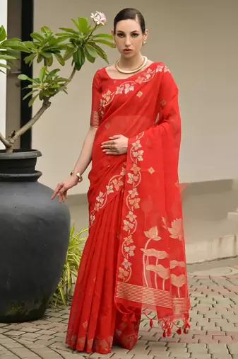 Red soft jute linen silk zari woven saree with blouse