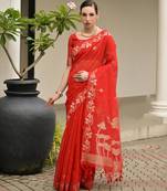 Red soft jute linen silk zari woven saree with blouse