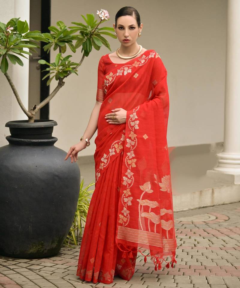 Red soft jute linen silk zari woven saree with blouse