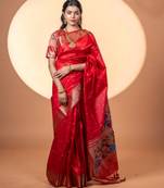 Maroon soft khadi raw silk zari woven saree with blouse