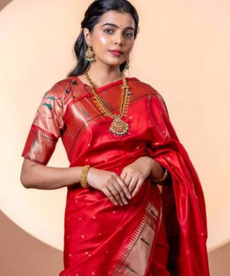 Maroon soft khadi raw silk zari woven saree with blouse 4