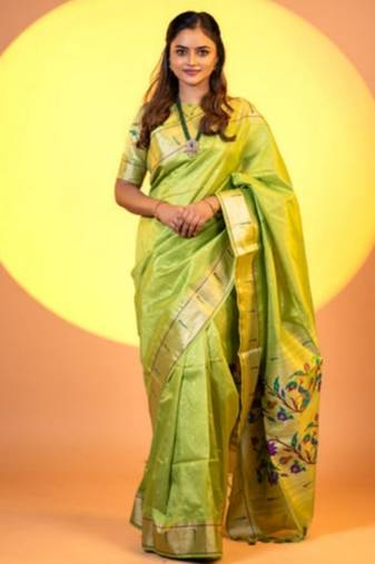 Mehendi soft khadi raw silk zari woven saree with blouse