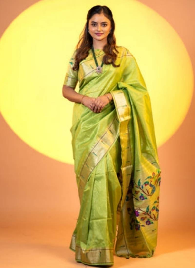 Mehendi soft khadi raw silk zari woven saree with blouse