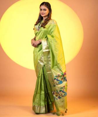 Mehendi soft khadi raw silk zari woven saree with blouse 3
