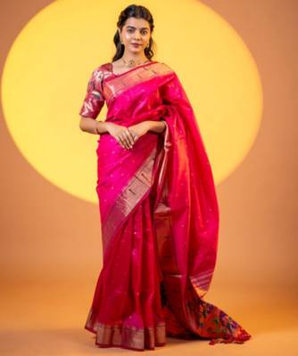 Pink soft khadi raw silk zari woven saree with blouse 1