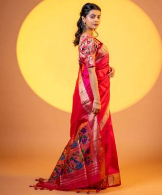 Pink soft khadi raw silk zari woven saree with blouse 3