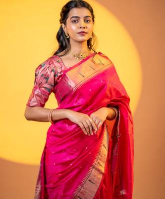 Pink soft khadi raw silk zari woven saree with blouse 4