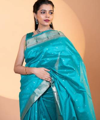 Rama soft khadi raw silk zari woven saree with blouse 3