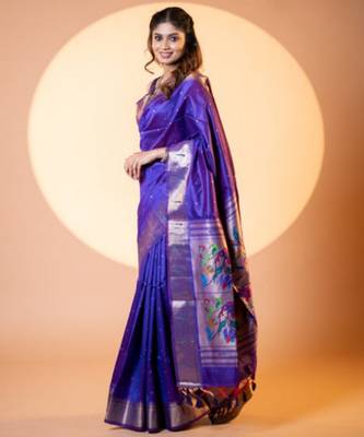 Royal blue soft khadi raw silk zari woven saree with blouse 3
