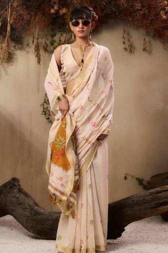 Orange soft muga cotton resham weaving saree with blouse