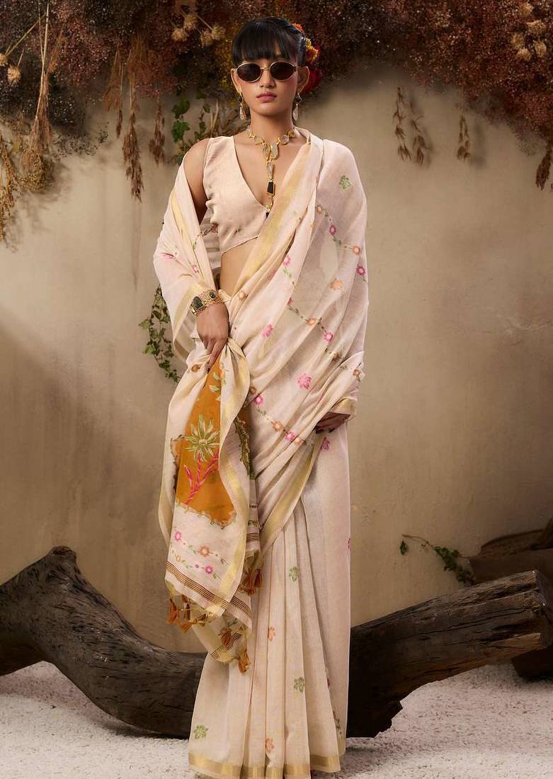 Orange soft muga cotton resham weaving saree with blouse