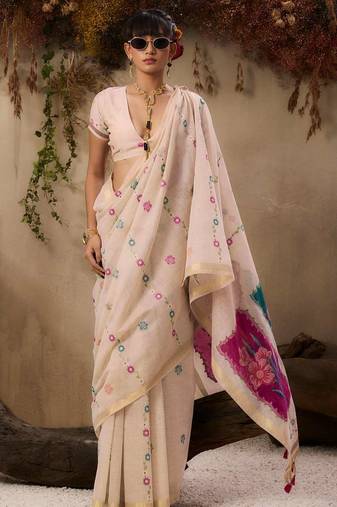 Pink soft muga cotton resham weaving saree with blouse