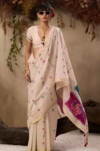 Pink soft muga cotton resham weaving saree with blouse