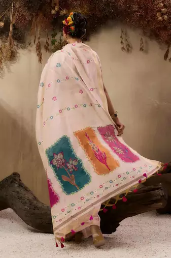Pink soft muga cotton resham weaving saree with blouse