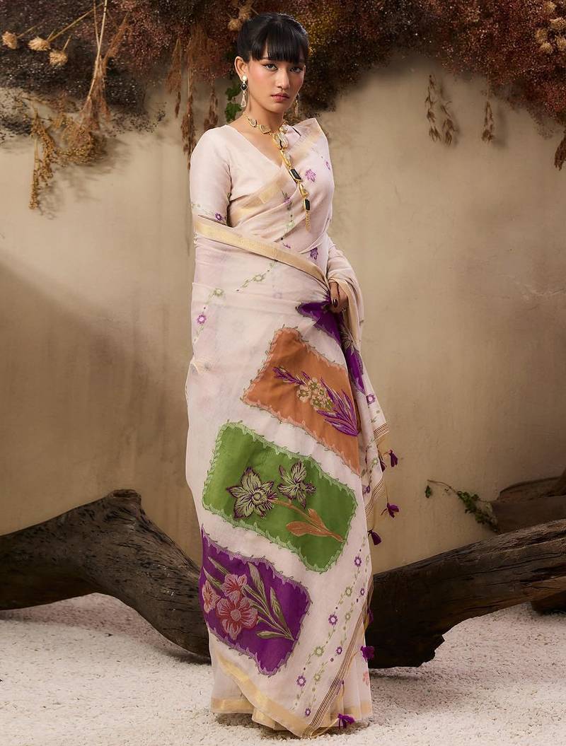 Wine soft muga cotton resham weaving saree with blouse