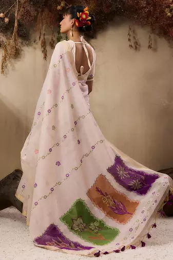 Wine soft muga cotton resham weaving saree with blouse