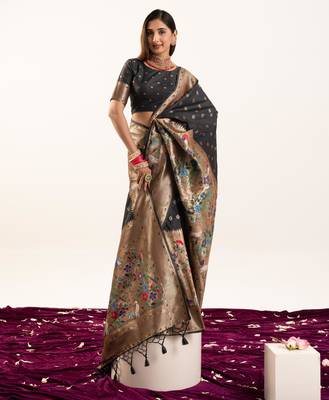 Black soft banarasi silk zari woven paithani saree with blouse 1