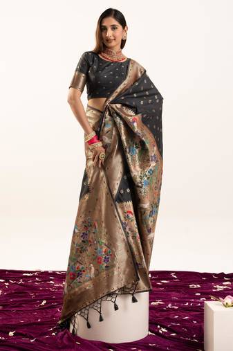 Black soft banarasi silk zari woven paithani saree with blouse