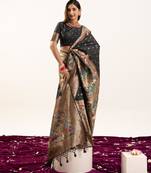 Black soft banarasi silk zari woven paithani saree with blouse