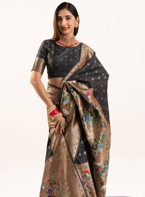 Black soft banarasi silk zari woven paithani saree with blouse 2