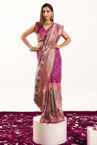 Magenta soft banarasi silk zari woven paithani saree with blouse