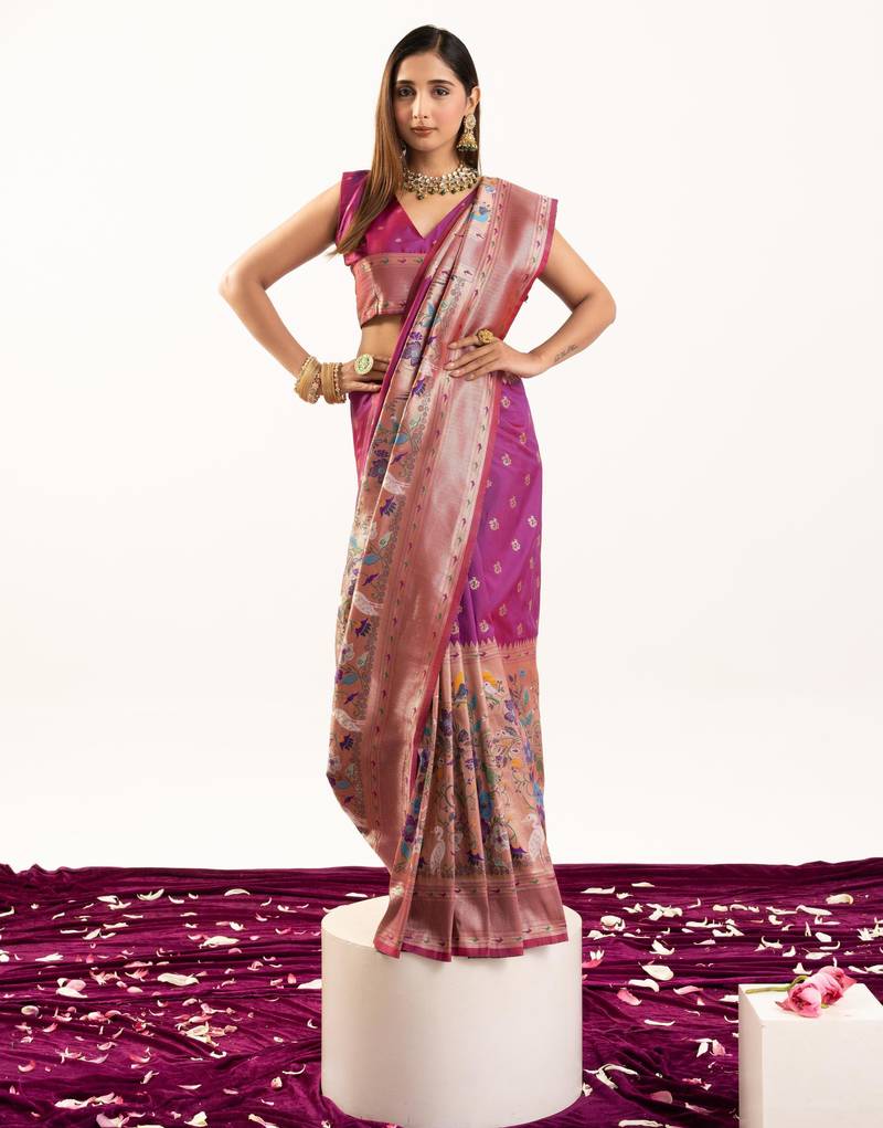 Magenta soft banarasi silk zari woven paithani saree with blouse