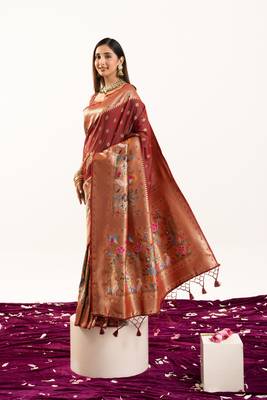 Maroon soft banarasi silk zari woven paithani saree with blouse 1