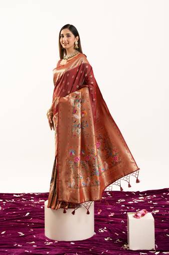 Maroon soft banarasi silk zari woven paithani saree with blouse