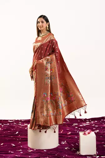 Maroon soft banarasi silk zari woven paithani saree with blouse