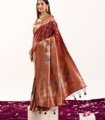 Maroon soft banarasi silk zari woven paithani saree with blouse