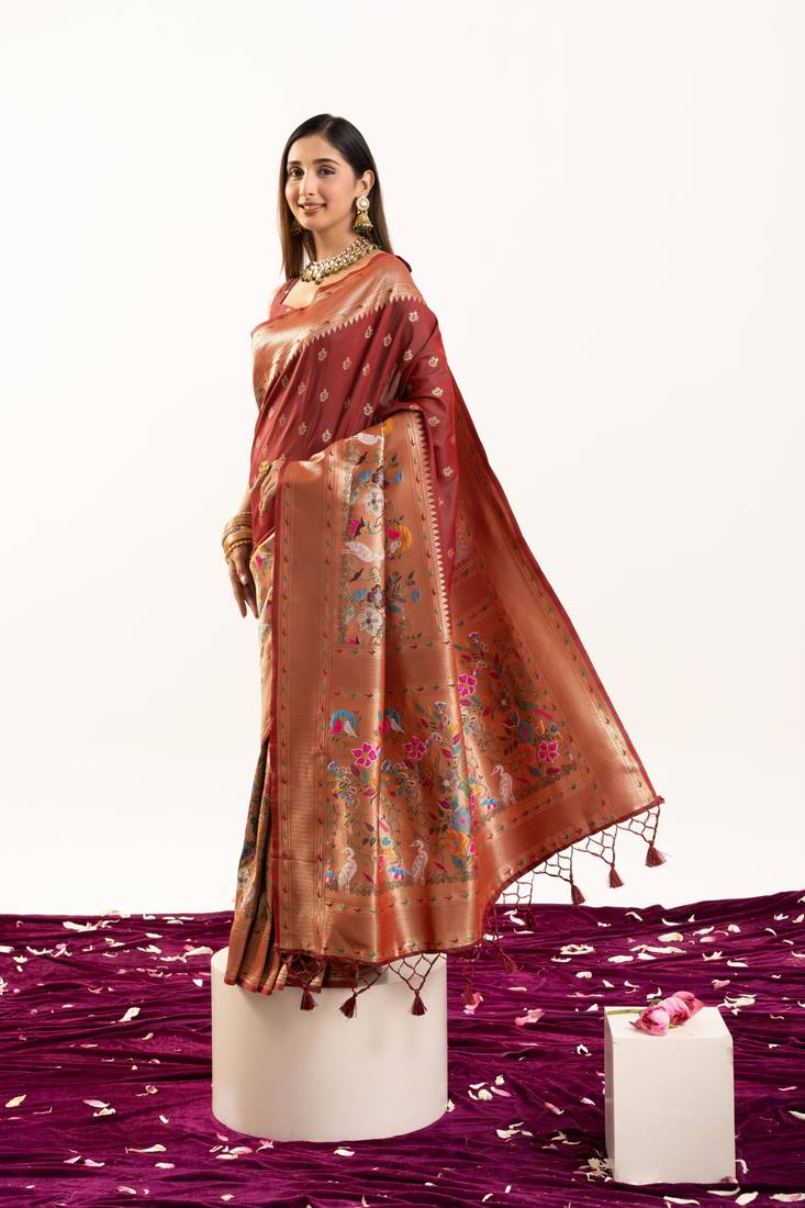 Maroon soft banarasi silk zari woven paithani saree with blouse