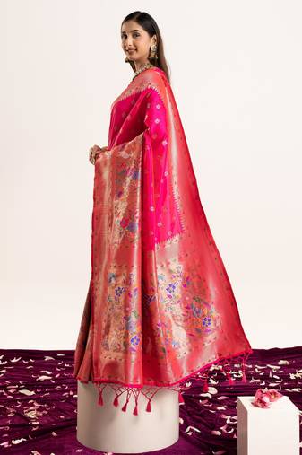 Pink soft banarasi silk zari woven paithani saree with blouse