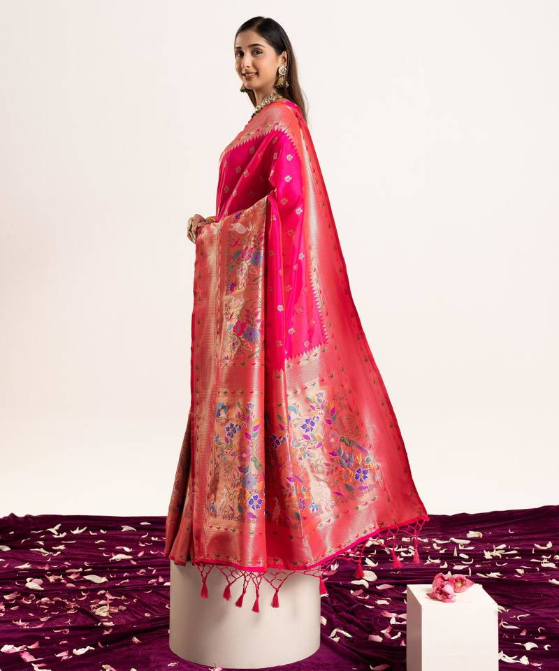 Pink soft banarasi silk zari woven paithani saree with blouse