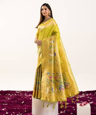 Pista soft banarasi silk zari woven paithani saree with blouse 1