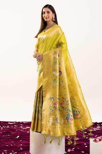 Pista soft banarasi silk zari woven paithani saree with blouse