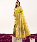 Pista soft banarasi silk zari woven paithani saree with blouse