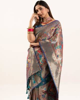 Rama soft banarasi silk zari woven paithani saree with blouse 2