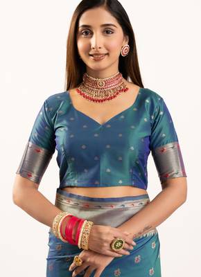 Rama soft banarasi silk zari woven paithani saree with blouse 3