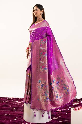 Wine soft banarasi silk zari woven paithani saree with blouse