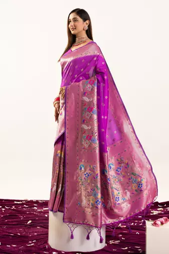 Wine soft banarasi silk zari woven paithani saree with blouse