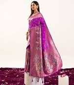 Wine soft banarasi silk zari woven paithani saree with blouse