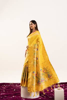 Yellow soft banarasi silk zari woven paithani saree with blouse 1