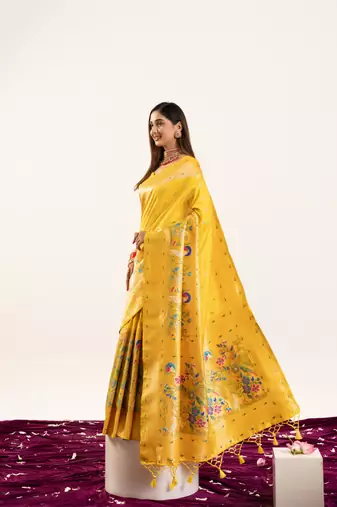 Yellow soft banarasi silk zari woven paithani saree with blouse
