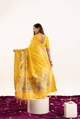 Yellow soft banarasi silk zari woven paithani saree with blouse 3