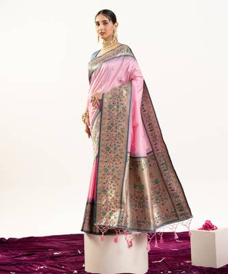 Baby pink soft banarasi silk zari woven saree with blouse 3
