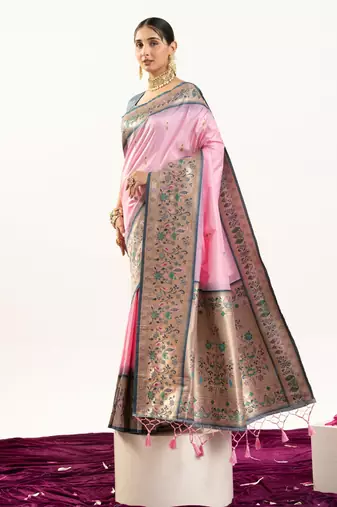 Baby pink soft banarasi silk zari woven saree with blouse