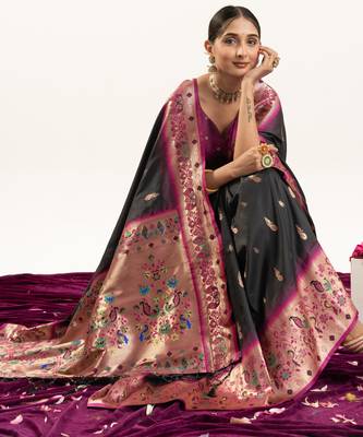 Black soft banarasi silk zari woven saree with blouse 3