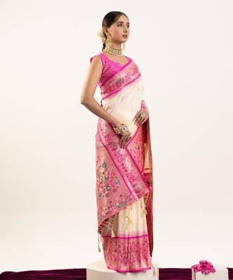 Cream soft banarasi silk zari woven saree with blouse 2